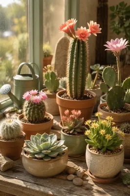 Potted Cactus Succulent Collection with Blooms