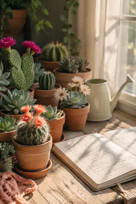 Blooming Cactus and Succulent Windowsill Still Life
