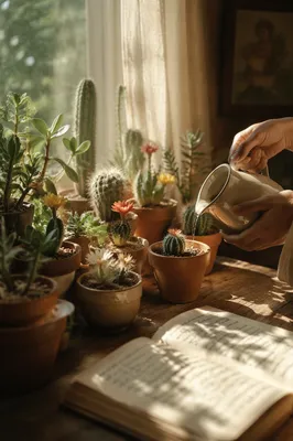 Sunlit Potted Cactus and Succulent Collection
