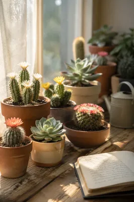 Sunlit Potted Cactus and Succulent Blossoms