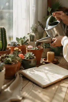 Potted Cactus and Succulents on Windowsill