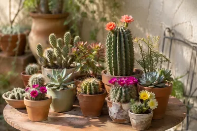 Sunlit Potted Cactus and Succulent Collection