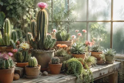 Sunlit Cactus and Succulent Bloom Display
