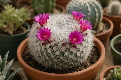 Blooming Barrel Cactus in Greenhouse Pot