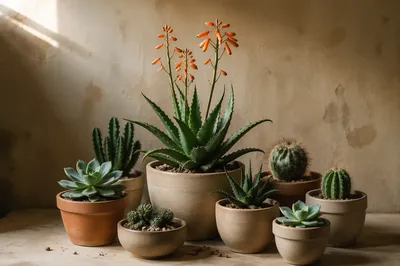 Potted Cactus Succulent Collection with Orange Flowers