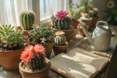 Blooming Cactus Succulents on Wooden Windowsill