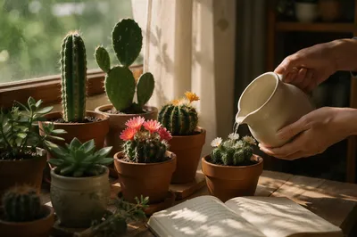 Sunlit Potted Cactus and Succulent Collection