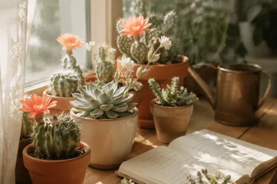 Sunlit Potted Cactus Succulent Garden