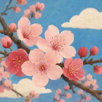 Pink Cherry Blossom Branch in Spring Light