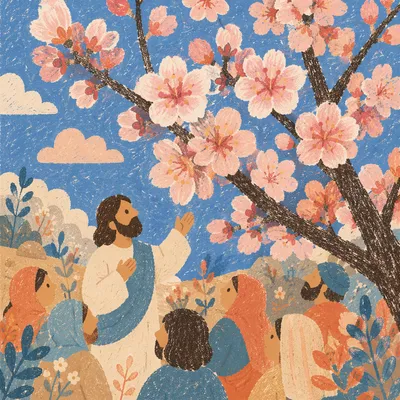 Pink Cherry Blossom Branch in Spring Sky