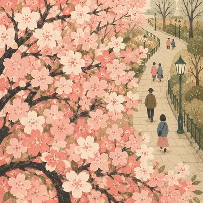 Pink Cherry Blossom Branches in Spring Park