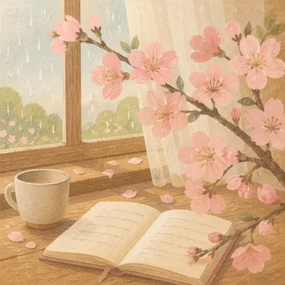 Pink Cherry Blossoms by Cottage Window