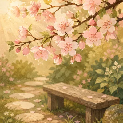 Pink Cherry Blossoms Over Quiet Garden Bench