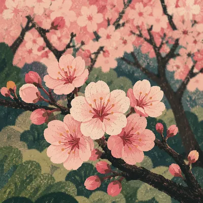 Pink Cherry Blossom Branches in Spring