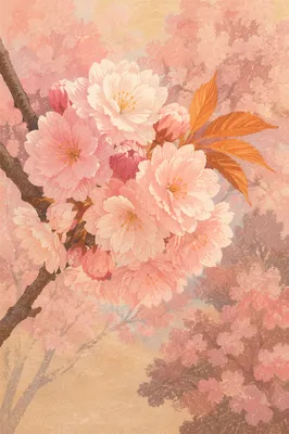 Pink Cherry Blossom Branch in Spring Light