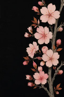 Pink Cherry Blossom Branch on Black