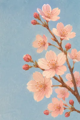 Pink Cherry Blossom Branch Against Blue Sky
