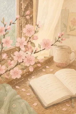 Pink Cherry Blossoms by Cottage Window