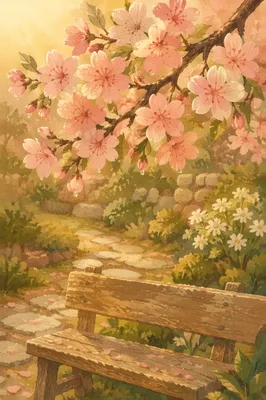 Pink Cherry Blossoms Over Garden Bench