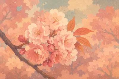 Pink Cherry Blossom Branch in Spring Light