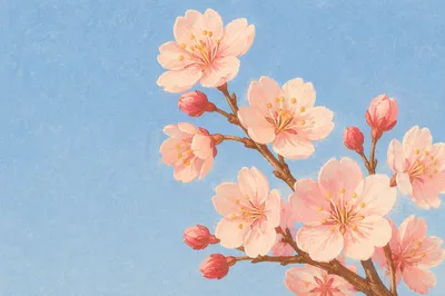 Pink Cherry Blossom Branch Against Blue Sky