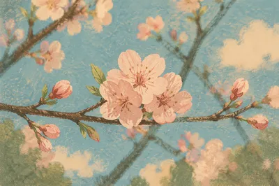 Pink Cherry Blossom Branch in Spring Light