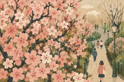 Pink Cherry Blossom Branches in Spring Park