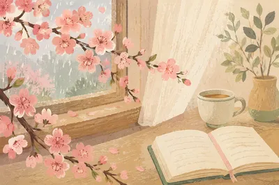 Pink Cherry Blossoms by Cottage Window