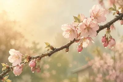 Pink Cherry Blossoms After Spring Rain
