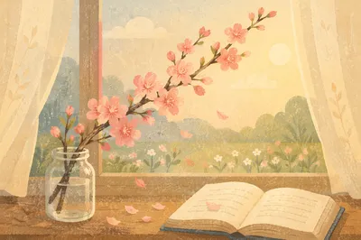 Pink Cherry Blossom Prayer Book Still Life