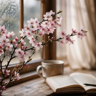 Cherry Blossom Branch by Cottage Window