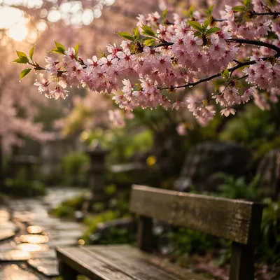 Pink Cherry Blossoms Over Garden Bench