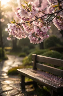 Pink Cherry Blossoms Over Garden Bench