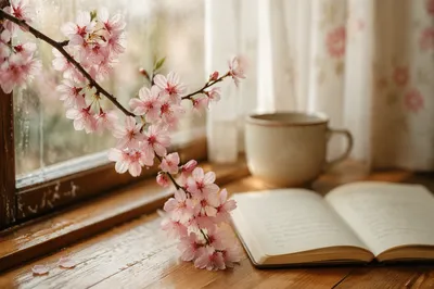 Cherry Blossom Branch by Cottage Window