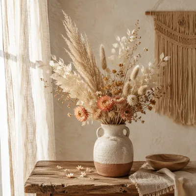 Boho Dried Flower Vase in Sunlit Interior