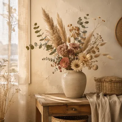 Boho Dried Flower Arrangement in Sunlit Interior