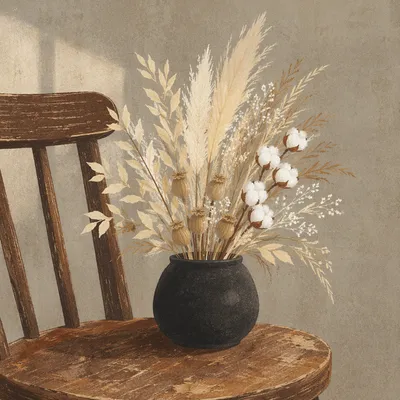 Boho Dried Flower Arrangement on Vintage Chair