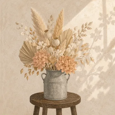 Boho Dried Flower Arrangement on Wooden Stool