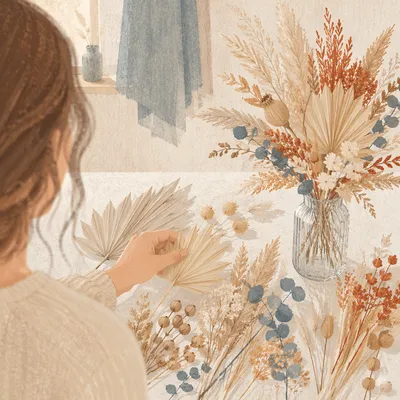 Boho Dried Flower Arrangement on White Table