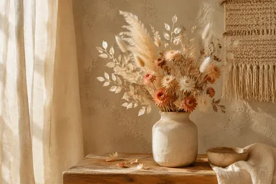 Boho Dried Flower Arrangement in Sunlit Interior