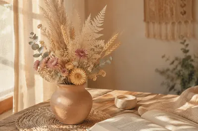Boho Dried Flower Arrangement on Wooden Table