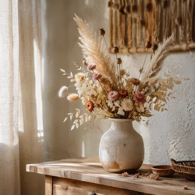 Boho Dried Flower Arrangement in Sunlit Interior