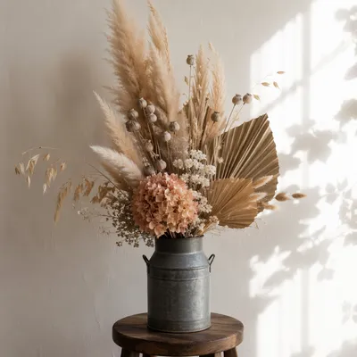 Boho Dried Flower Arrangement on Wooden Stool