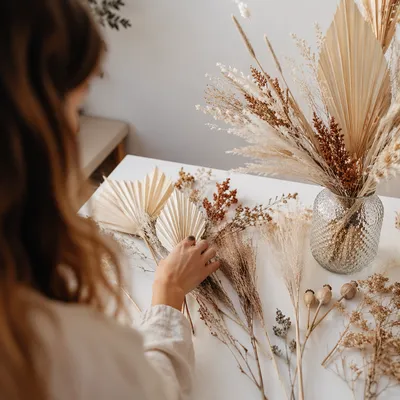 Boho Dried Flower Arrangement on White Table
