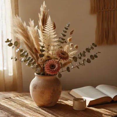 Boho Dried Flower Arrangement in Clay Vase