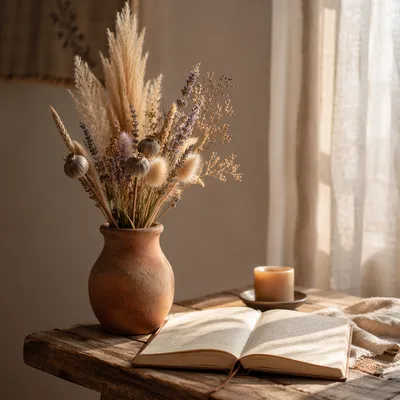 Boho Dried Flower Arrangement on Wooden Table