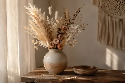Boho Dried Flower Arrangement in Sunlit Interior
