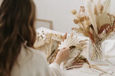 Boho Dried Flower Arrangement on White Table