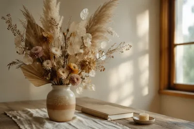 Boho Dried Flower Arrangement on Wooden Table