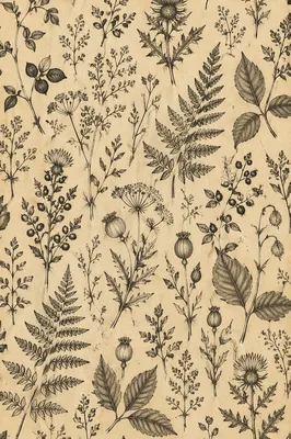 Vintage Botanical Floral Pattern on Parchment